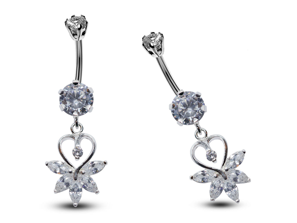 Silver Belly Button Piercing, Belly Bars - Heart Drop Belly Ring with Round Quality CZ Crystals - Navel Ring - 16g (1.6mm) Length is 10mm