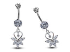 Silver Belly Button Piercing, Belly Bars - Heart Drop Belly Ring with Round Quality CZ Crystals - Navel Ring - 16g (1.6mm) Length is 10mm
