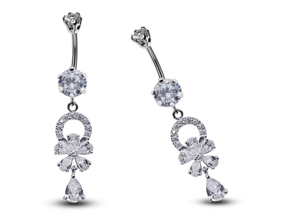 Flower Belly Bars, Navel Ring - Dangle Belly Piercing Floral with CZ Crystals - Navel Jewelry - 16g (1.6mm) Length is 10mm