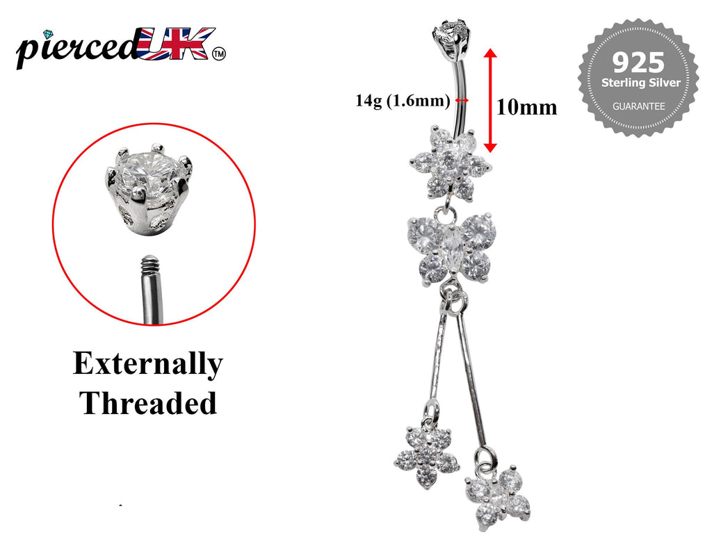 Silver Dangle Belly Button Ring, Belly Bars- Drop Butterfly and Flower Belly Ring with High Quality Crystals - Navel Ring - 16g (1.6mm)