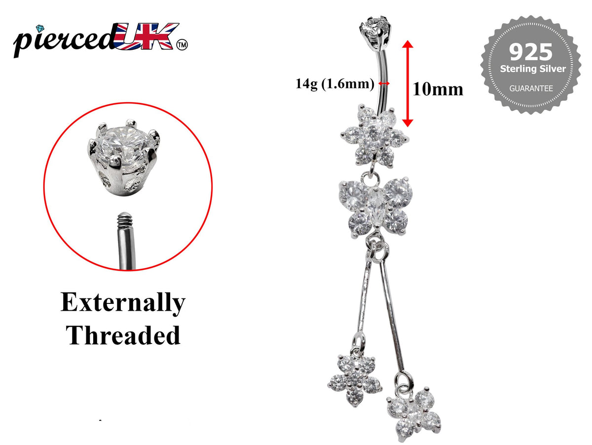 Silver Dangle Belly Button Ring, Belly Bars- Drop Butterfly and Flower Belly Ring with High Quality Crystals - Navel Ring - 16g (1.6mm)