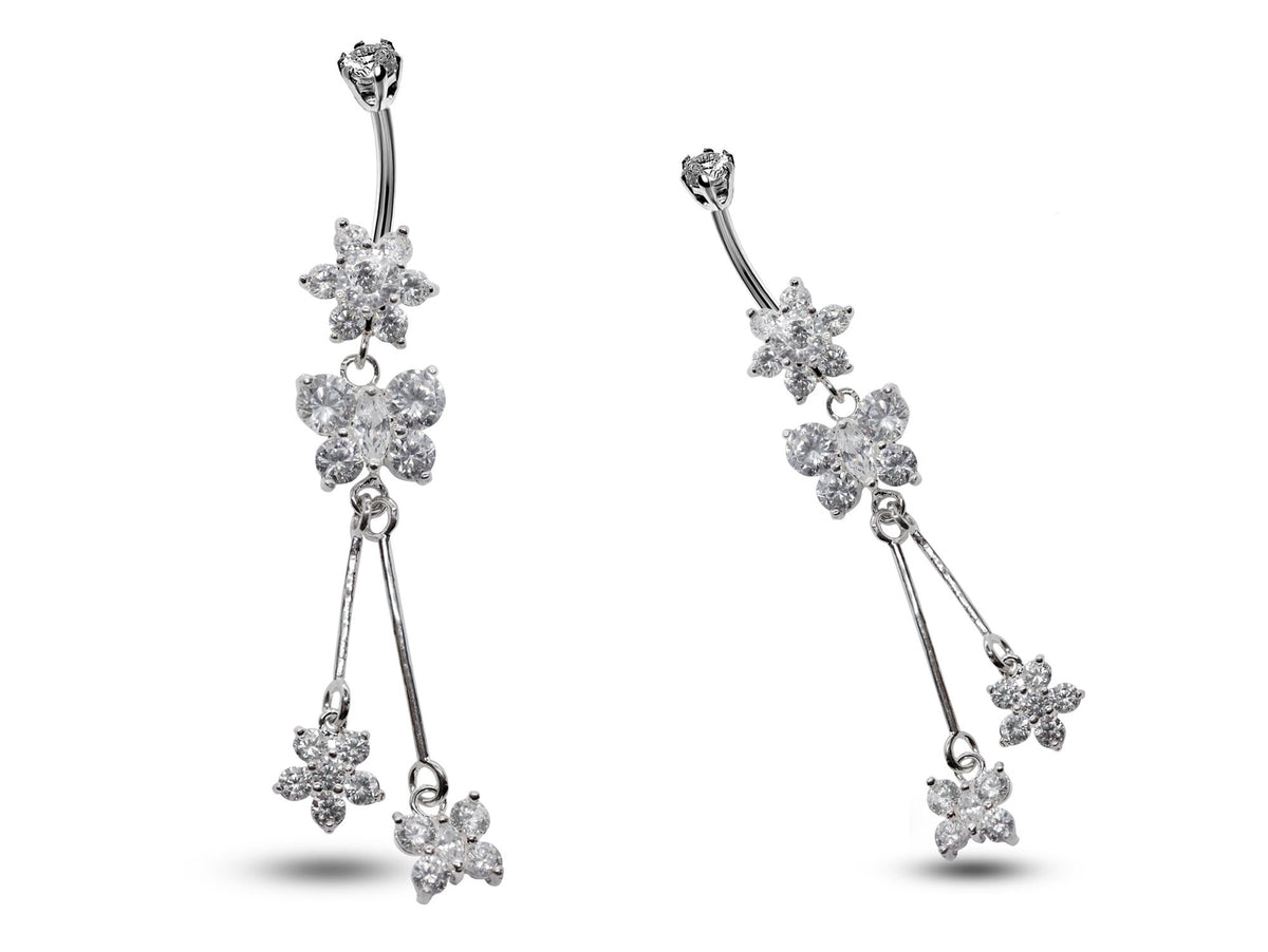 Silver Dangle Belly Button Ring, Belly Bars- Drop Butterfly and Flower Belly Ring with High Quality Crystals - Navel Ring - 16g (1.6mm)