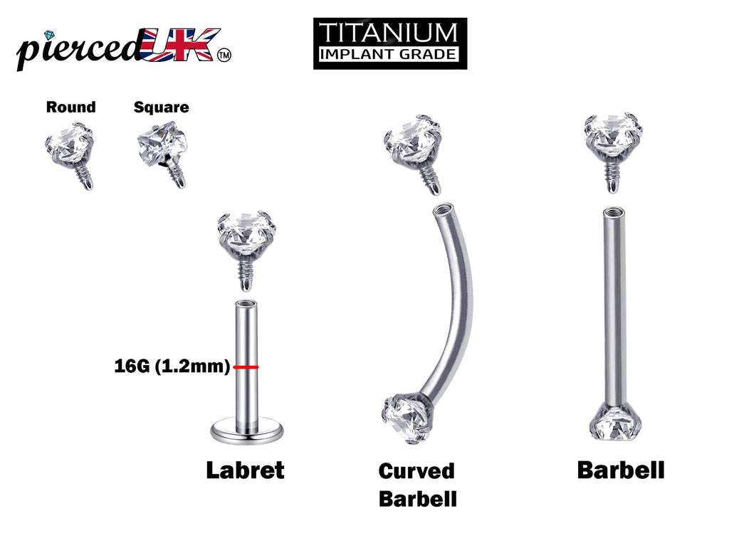Body Piercing Labret, Barbell and Curved Barbell with CZ Crystals - Titanium Internally Threaded 16G (1.2mm) For Lip, Rook Ears