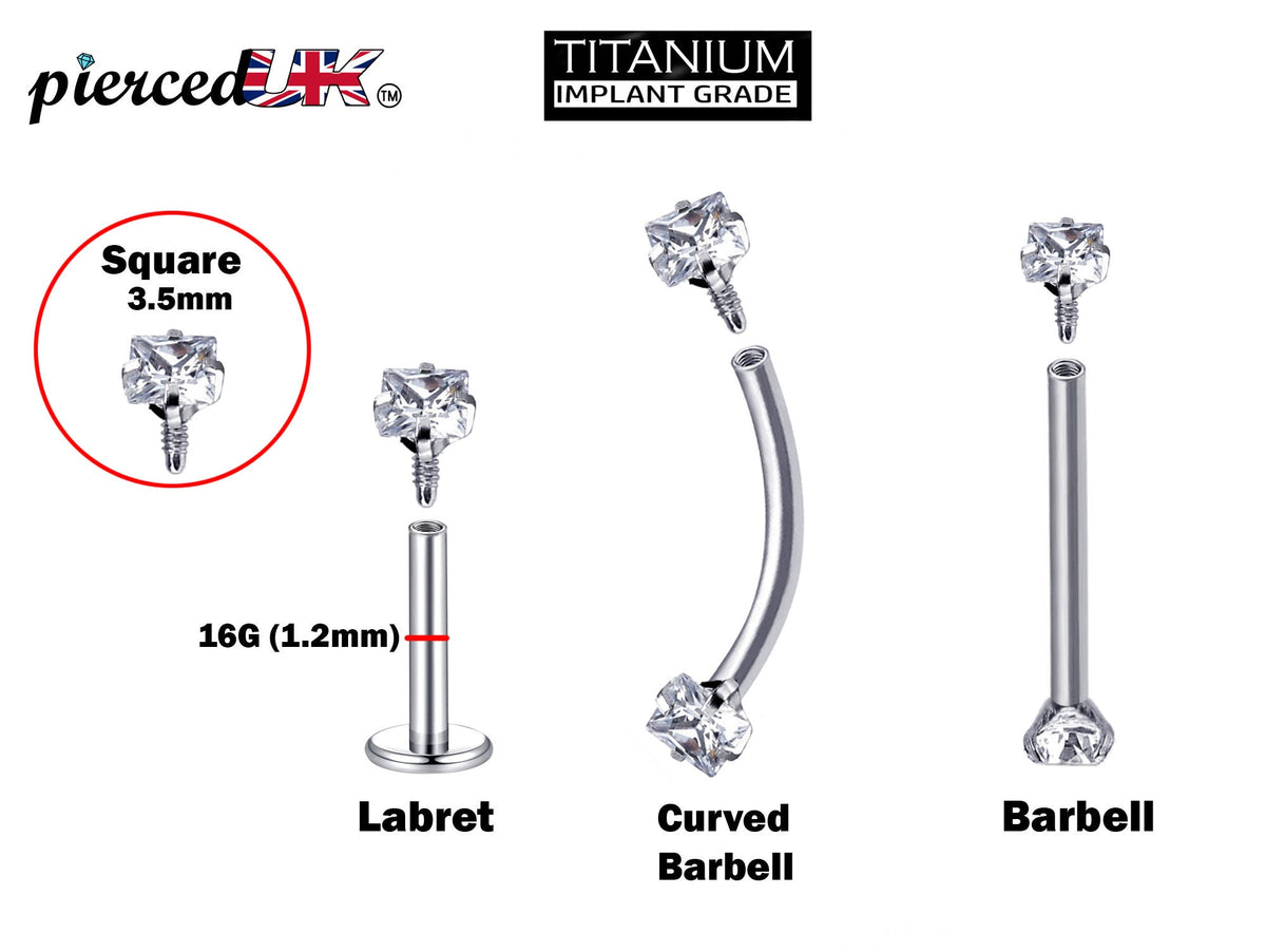 Body Piercing Labret, Barbell and Curved Barbell with CZ Crystals - Titanium Internally Threaded 16G (1.2mm) For Lip, Rook Ears