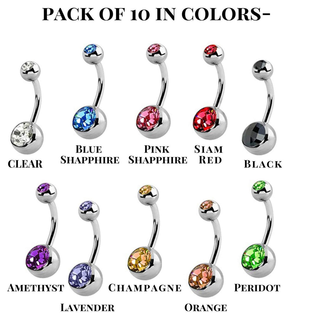 Belly Ring, Belly Button Rings - Pack of 3, 4, 8 and 10pcs Belly Bar with Double Gem Crystals for Navel Piercing Jewelry- 14g (1.6mm)
