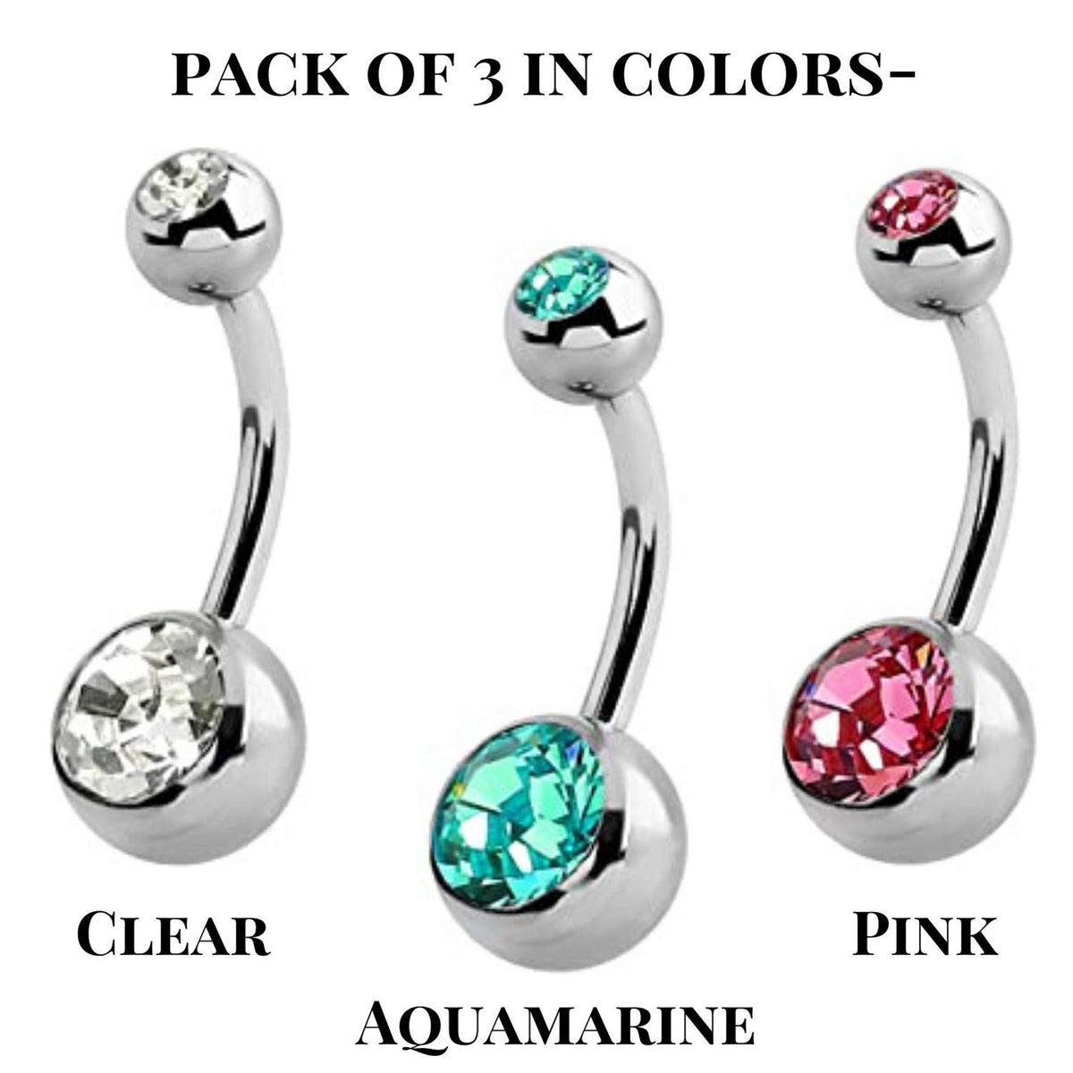 Belly Ring, Belly Button Rings - Pack of 3, 4, 8 and 10pcs Belly Bar with Double Gem Crystals for Navel Piercing Jewelry- 14g (1.6mm)