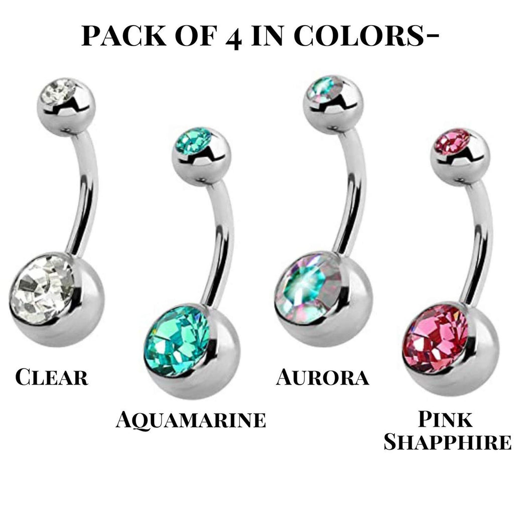 Belly Ring, Belly Button Rings - Pack of 3, 4, 8 and 10pcs Belly Bar with Double Gem Crystals for Navel Piercing Jewelry- 14g (1.6mm)