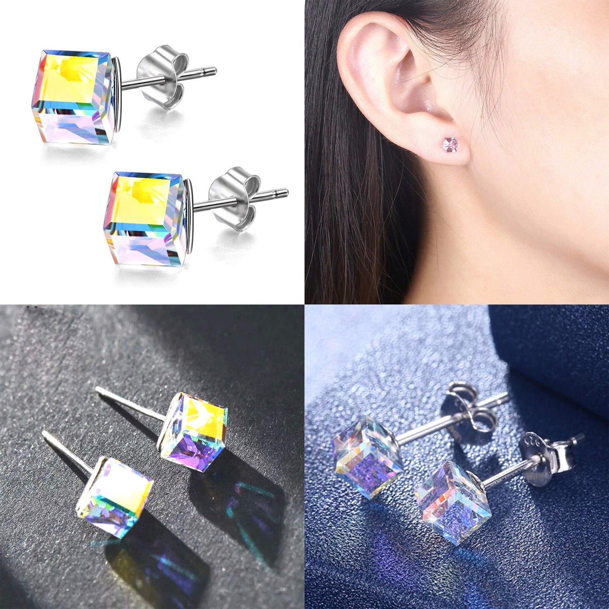 Cube Earrings, Stud Earrings - Fashion Jewelry for Women - High Quality and Sparkling Crystals- Stainless Steel Hypoallergenic Post Earrings