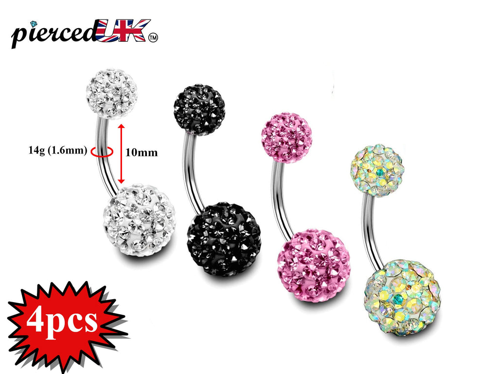 Round Belly Button Rings, Belly Bars - 4pcs Disco Ball Belly Ring with Multi Bling Crystals - 14g (1.6mm) - Standard Length 10mm