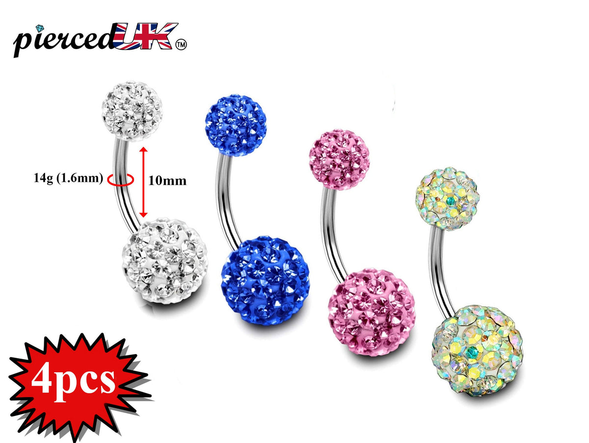 Round Belly Button Rings, Belly Bars - 4pcs Disco Ball Belly Ring with Multi Bling Crystals - 14g (1.6mm) - Standard Length 10mm