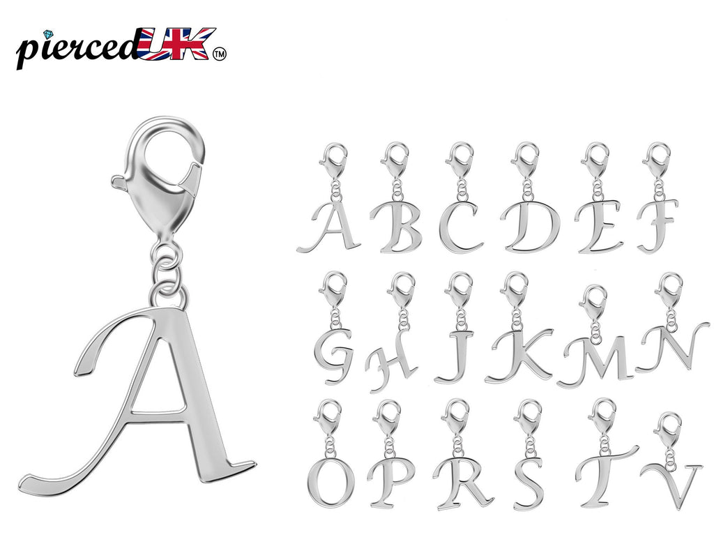 Silver Charm Letters, Initial Charm - Plain Alphabet Letters with Lobster Clasp closure- Compatible for Key Ring, Key chains and Bracelets