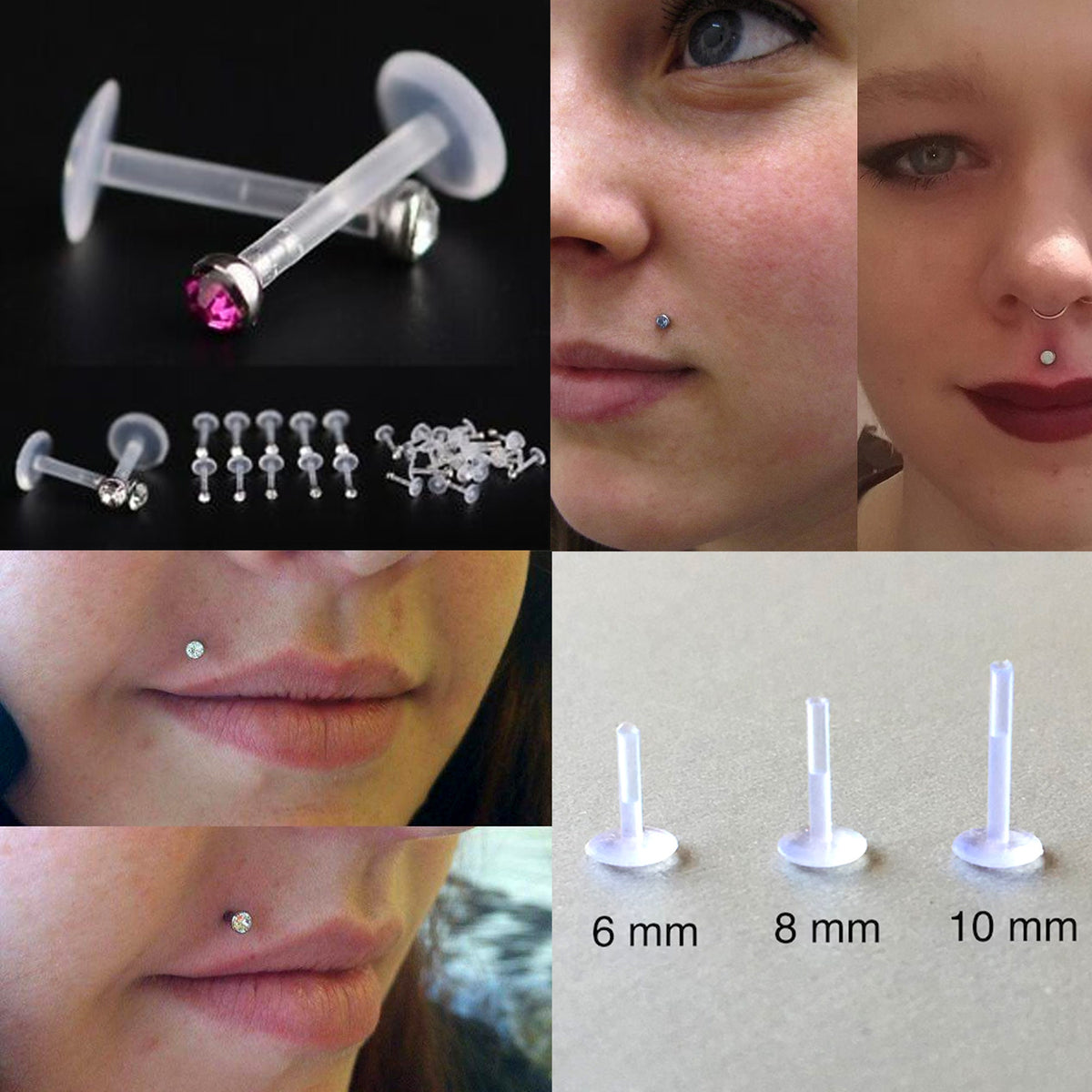 5PCS Labret Bioflex, Labret Stud – Flexible – Internally threaded Round Top Crystals – 16g (1.2mm)  Labret Piercing Lip, Helix, Tragus