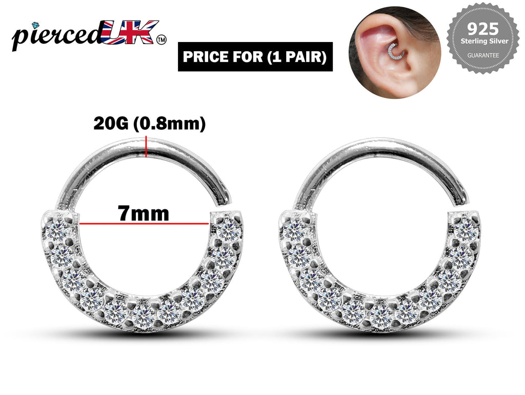 Silver Ear Piercing Ring, Daith Cartilage Earring with CZ Stone Crystals Set - 20G (0.8mm) - Body Jewellery