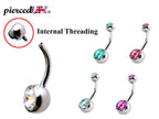 Belly Button Rings - Internally Threaded Belly Ring - Belly Bar with Double Gem Crystals- 14g (1.6mm) - Ideal Piercing for Navel Jewelry