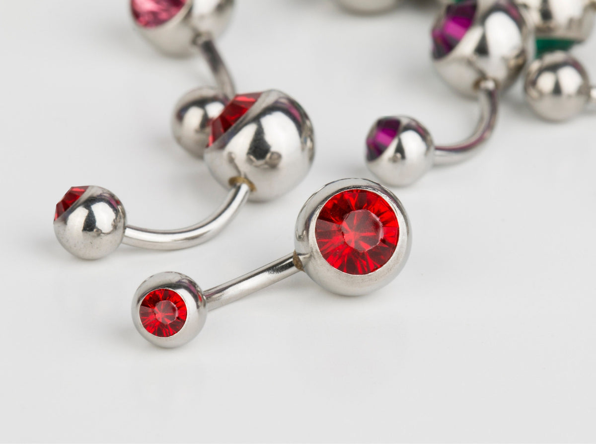 Belly Button Rings - Internally Threaded Belly Ring - Belly Bar with Double Gem Crystals- 14g (1.6mm) - Ideal Piercing for Navel Jewelry