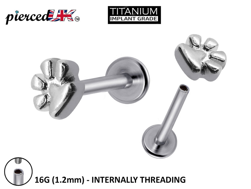 Titanium 16G Helix Stud Dog Paw Cartilage Piercing, Tragus Earrings, Forward Helix  - Internally Threaded Body Jewellery Ear Piercing