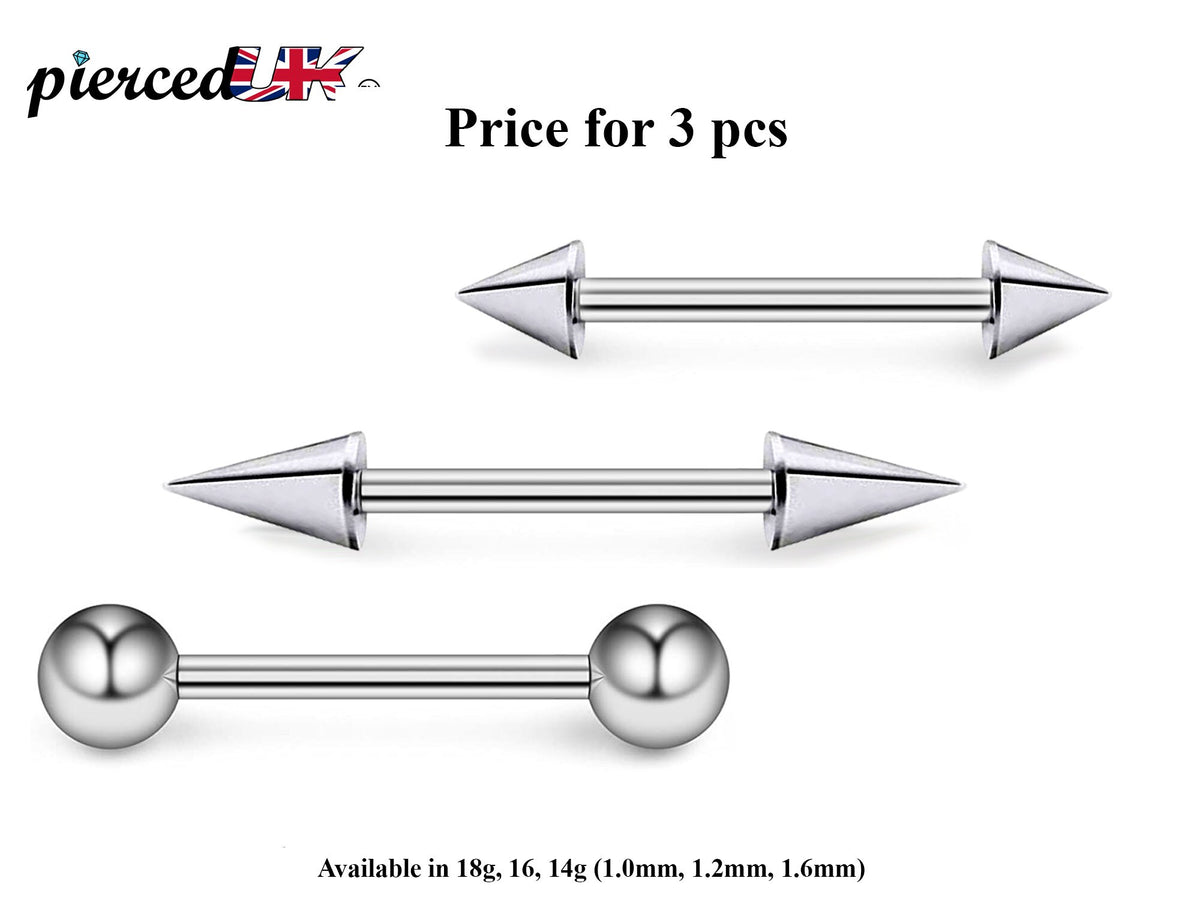 Barbell Stud, Industrial Piercing – 3pcs Barbell Spike / Ball  / Cone  Body Piercing, Earring , Niipple Piercing, Tongue bar and more