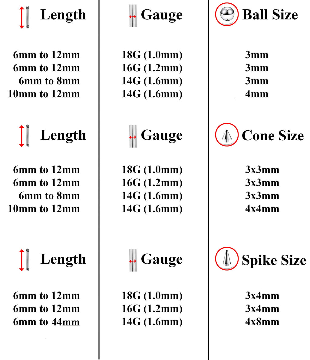 Barbell Stud, Industrial Piercing – 3pcs Barbell Spike / Ball  / Cone  Body Piercing, Earring , Niipple Piercing, Tongue bar and more