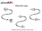 Spiral Barbell, Twist Barbell – 3pcs Body Piercings with Ball / Cone / Spike Barbell for Ear, Eyebrow piercing, Lip Ring, Cartilage, Helix