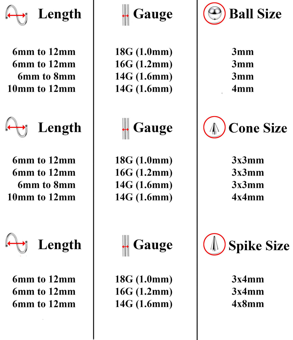 Spiral Barbell, Twist Barbell – 3pcs Body Piercings with Ball / Cone / Spike Barbell for Ear, Eyebrow piercing, Lip Ring, Cartilage, Helix