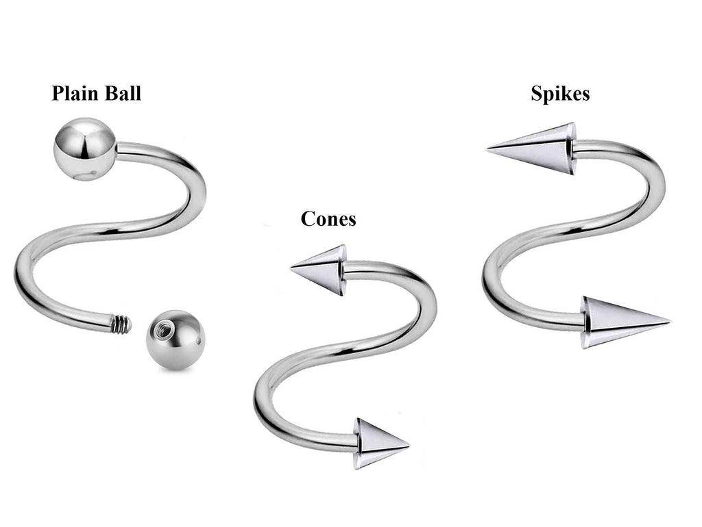 Spiral Barbell, Twist Barbell – 3pcs Body Piercings with Ball / Cone / Spike Barbell for Ear, Eyebrow piercing, Lip Ring, Cartilage, Helix