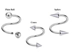 Spiral Barbell, Twist Barbell – 3pcs Body Piercings with Ball / Cone / Spike Barbell for Ear, Eyebrow piercing, Lip Ring, Cartilage, Helix