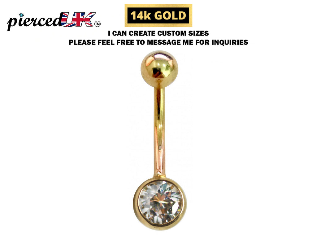 14K Gold Jeweled Belly Bar Solid Gold Designer Belly Button Ring - Best in Gold Body Piercing Jewelry