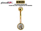 14K Gold Jeweled Belly Bar Solid Gold Designer Belly Button Ring - Best in Gold Body Piercing Jewelry