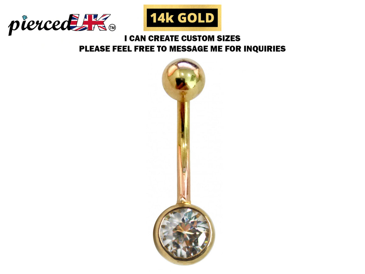 14K Gold Jeweled Belly Bar Solid Gold Designer Belly Button Ring - Best in Gold Body Piercing Jewelry