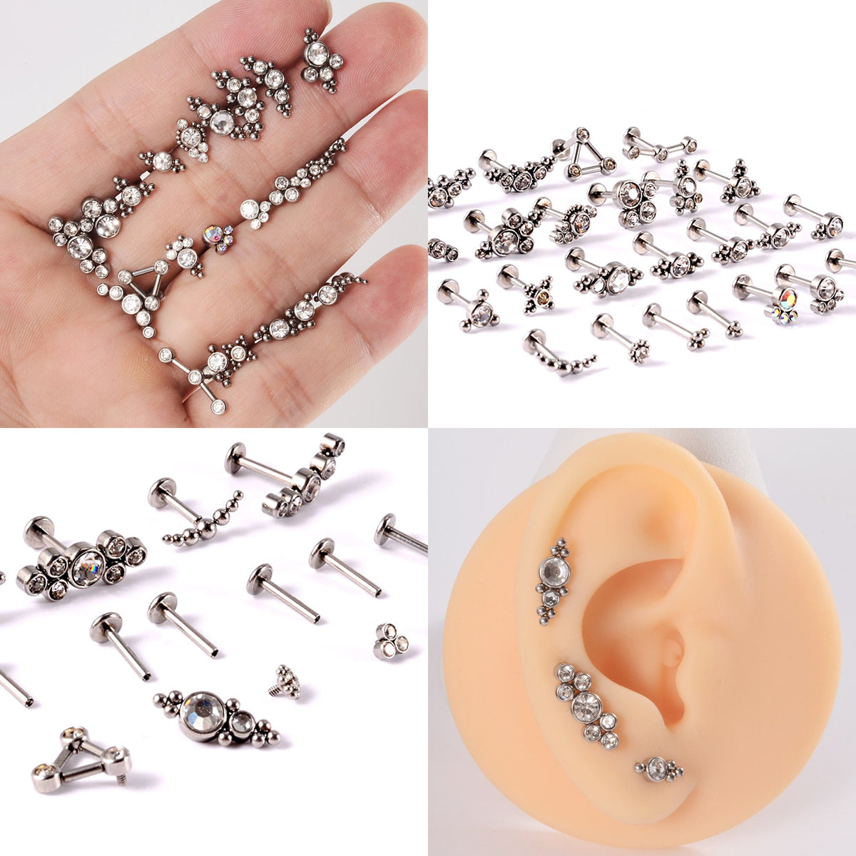 Titanium Medusa Piercing, Lip Jewelry, Labret Stud – Internally threaded with CZ Crystals– 16g (1.2mm) Labret Piercing Lip, Helix, Tragus.