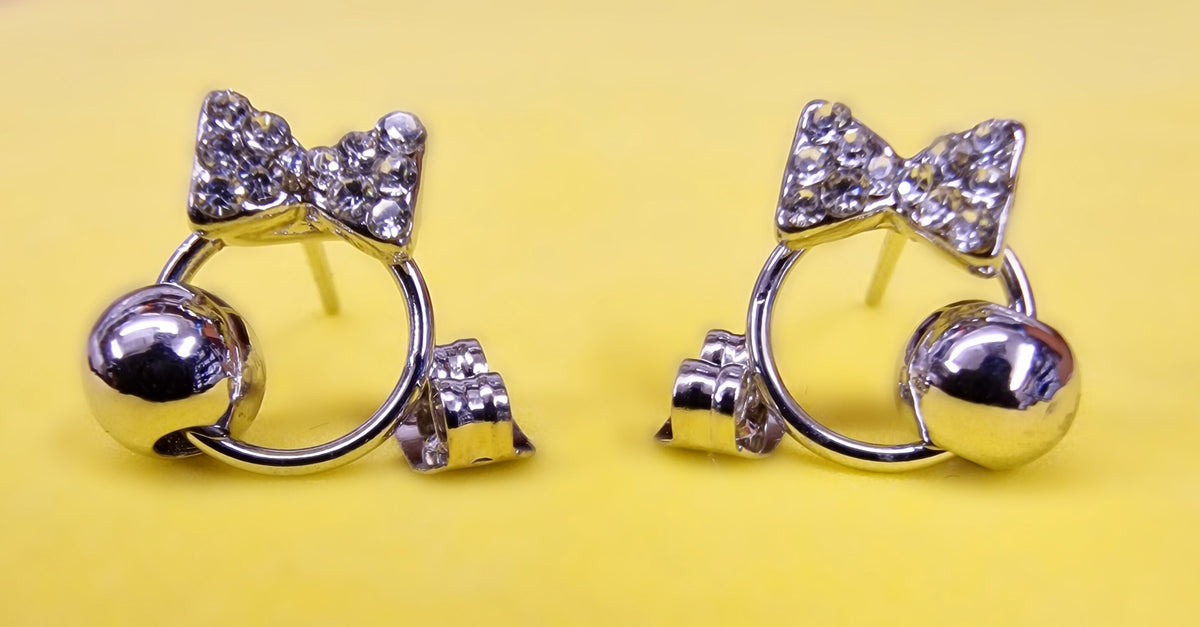 Round Bead Ball with Bow Stud Earrings Fashion Jewelry for Women - High Quality and Sparkling CZ Crystals Earrings Packed in a Gift Box