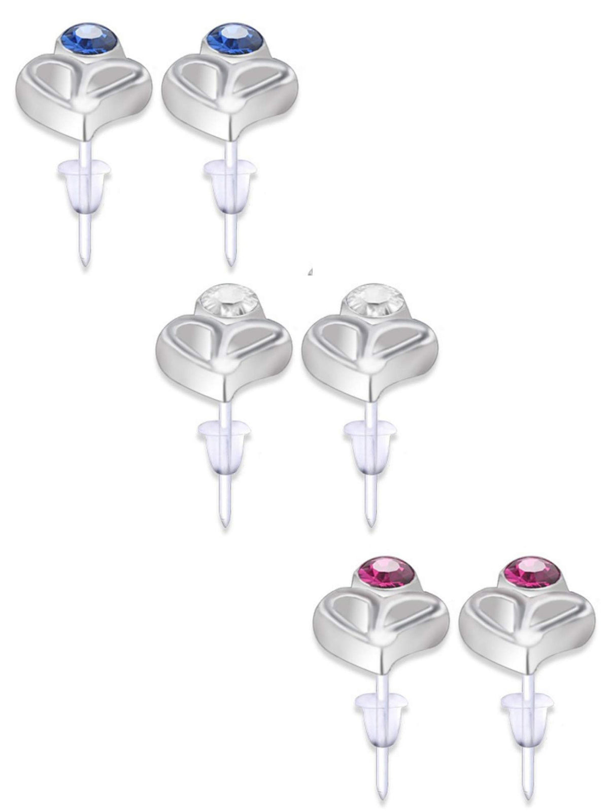 Hypoallergenic Earrings Studs Set - Plastic Post Earrings Heart Design with Round Crystal Set - You get 3 pairs