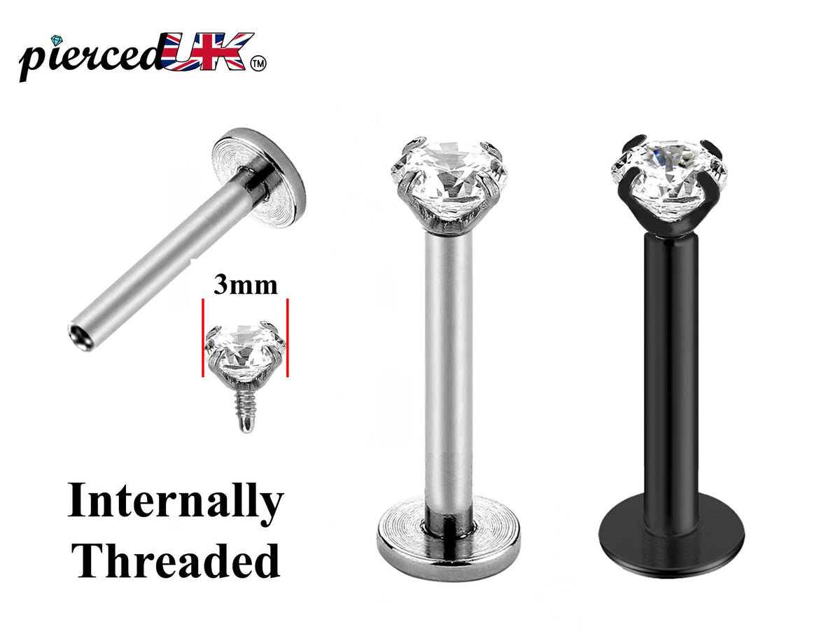 Labret Lip Piercing – Internally threaded labret with Prong Set top Round Crystal – 16g (1.2mm) Labret Stud Lip, Helix, Tragus and More