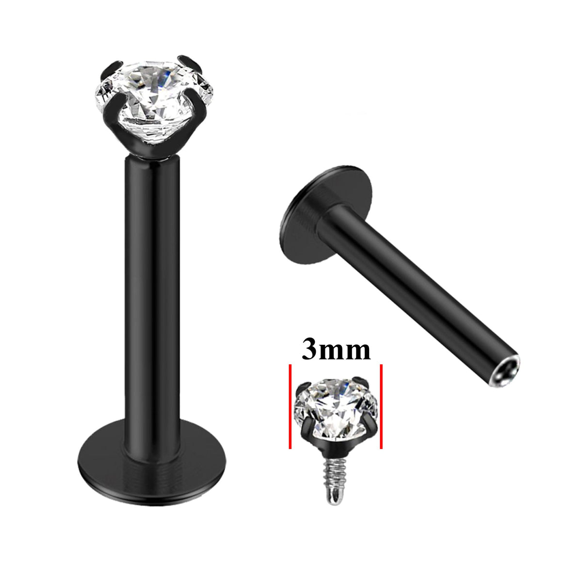 Labret Lip Piercing – Internally threaded labret with Prong Set top Round Crystal – 16g (1.2mm) Labret Stud Lip, Helix, Tragus and More