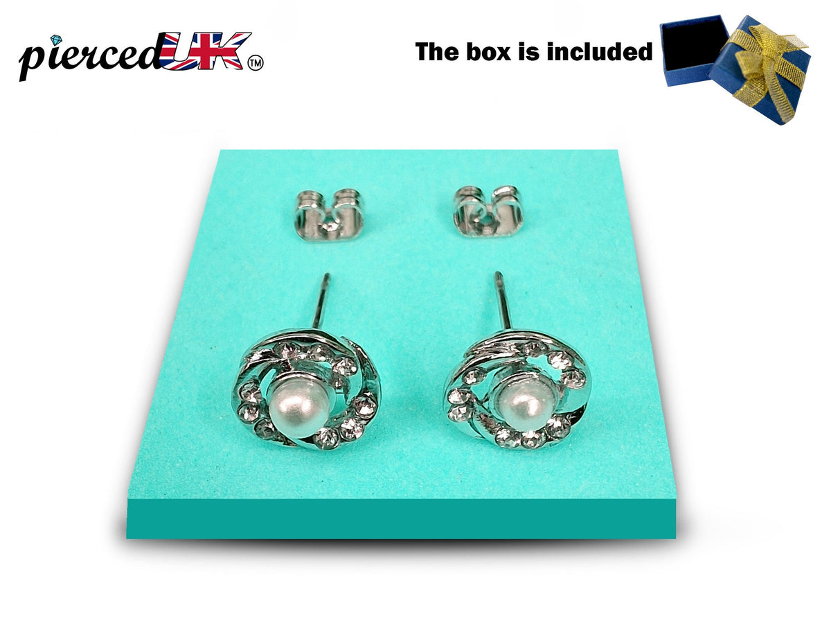 Pearl Stud Earrings Swirl Design Fashion Jewelry for Women - High Quality and Sparkling CZ Crystals Earrings Packed in a Gift Box