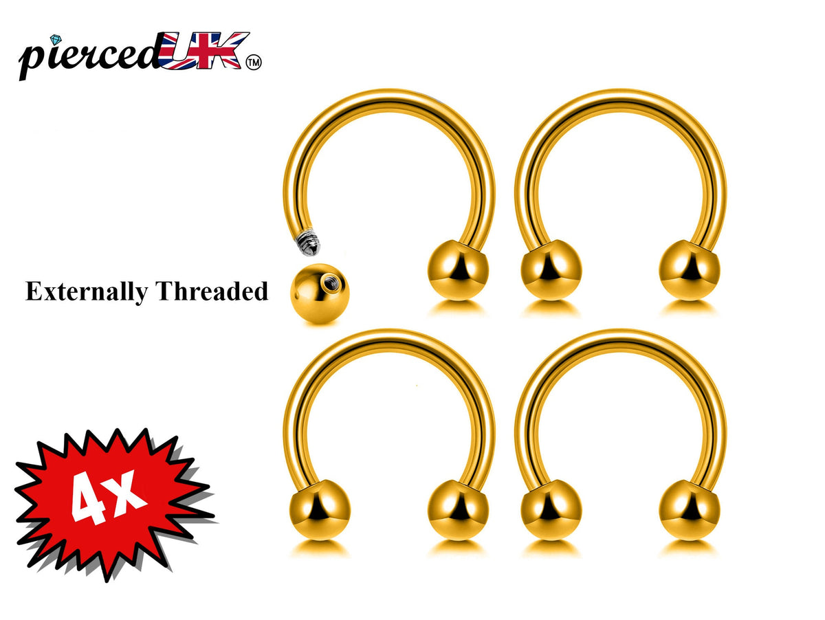 Gold Horseshoe Earrings, Nose Ring - 4pcs Horseshoe Septum Ring (CBB) also Piercing for Eyebrows, Ear, Lips- 18g, 16g, 14g size 6mm to 16mm