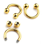 Gold Horseshoe Earrings, Nose Ring - 4pcs Horseshoe Septum Ring (CBB) also Piercing for Eyebrows, Ear, Lips- 18g, 16g, 14g size 6mm to 16mm