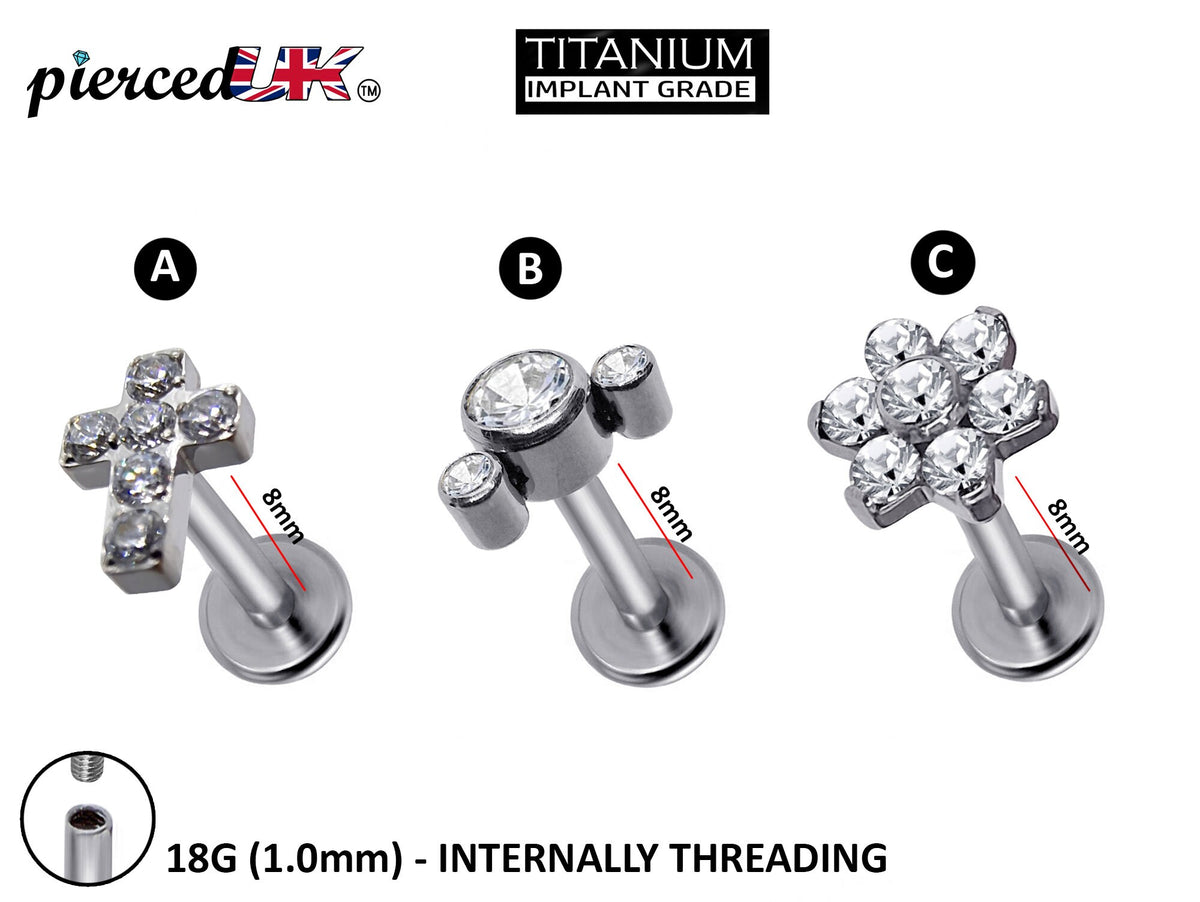 Titanium 18G Helix Stud Earrings, Tragus and Cartilage Earrings  - 8mm Internally Threaded Body Jewellery Ear Piercing