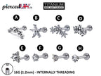 Titanium 16G Helix Stud Cartilage Piercing, Tragus Earrings, Forward Helix  - Internally Threaded Body Jewellery Ear Piercing