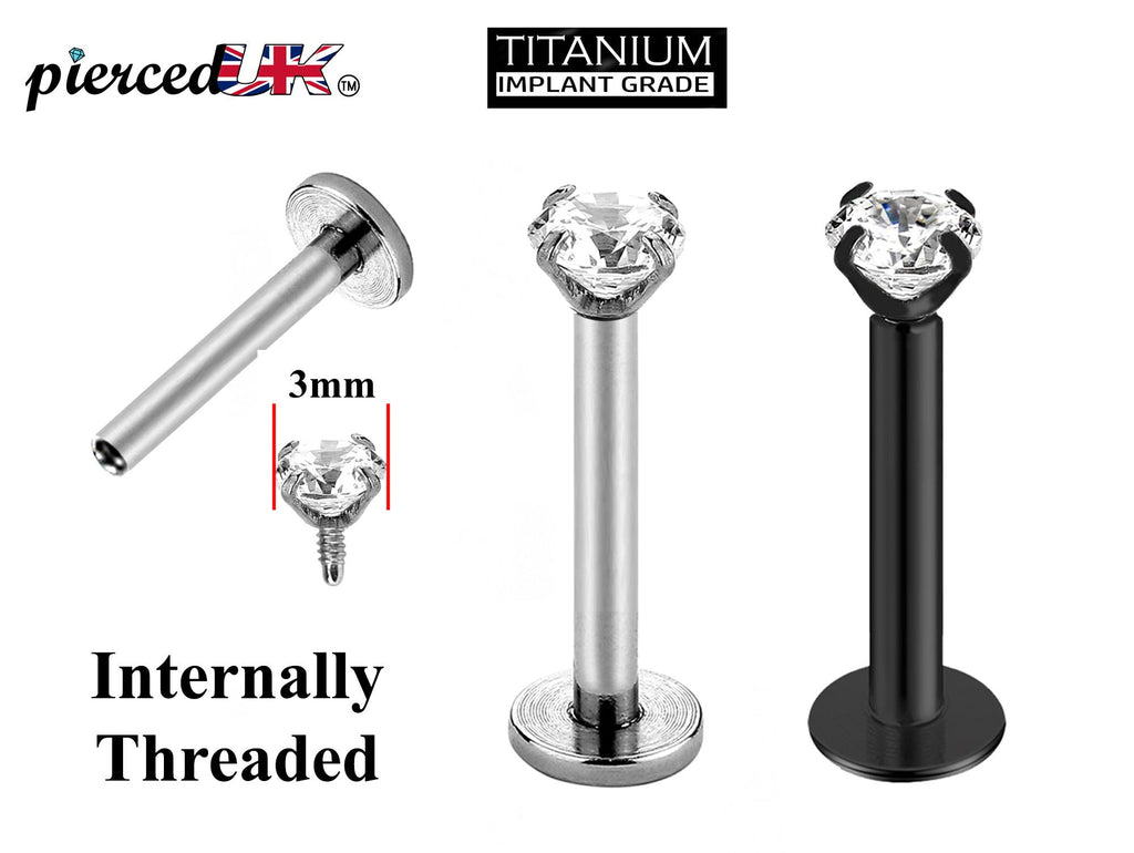 Lip Piercing – Titanium Internally threaded labret with Prong Set top Round Crystal – 16g (1.2mm) Labret Stud Lip, Helix, Tragus and More