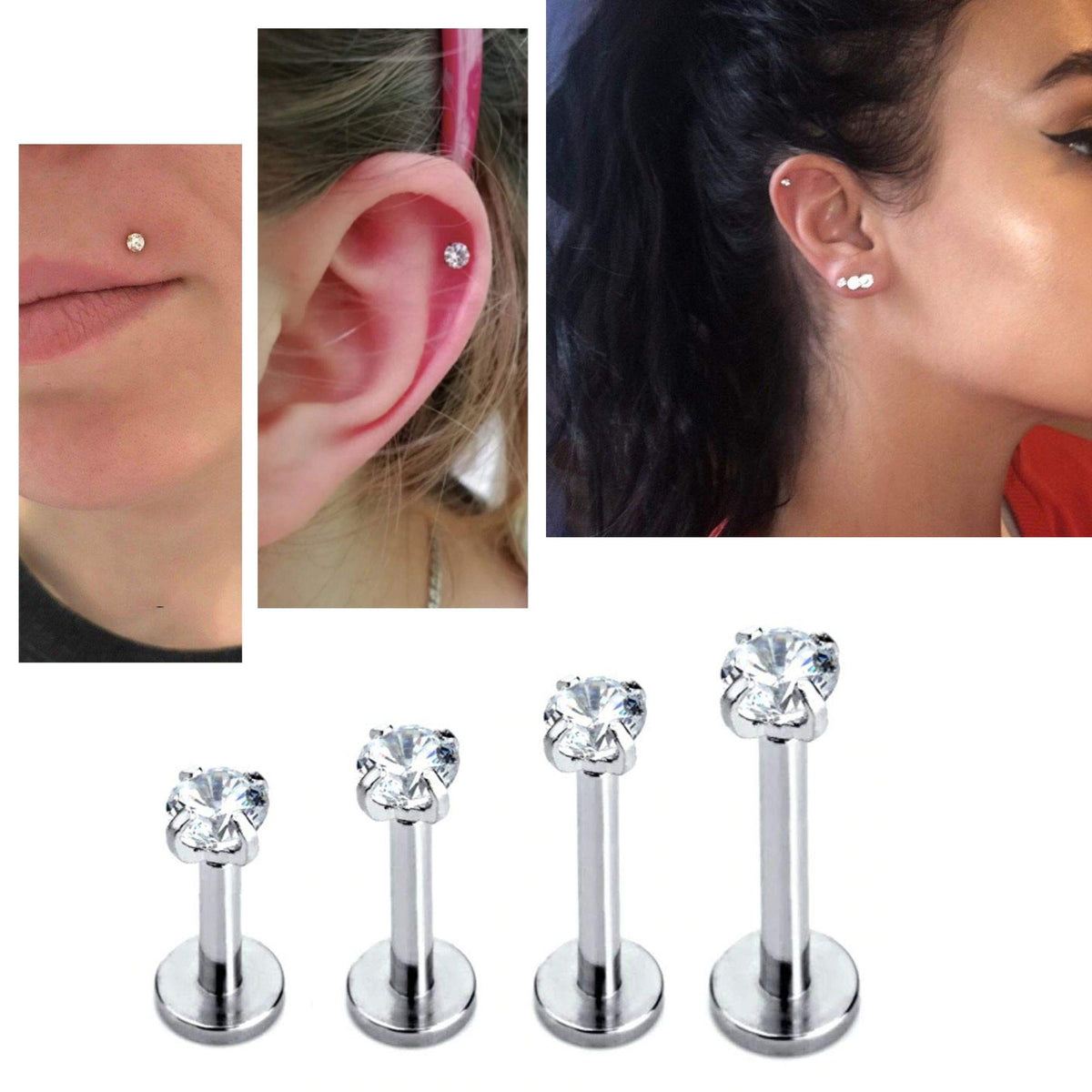 Lip Piercing – Titanium Internally threaded labret with Prong Set top Round Crystal – 16g (1.2mm) Labret Stud Lip, Helix, Tragus and More