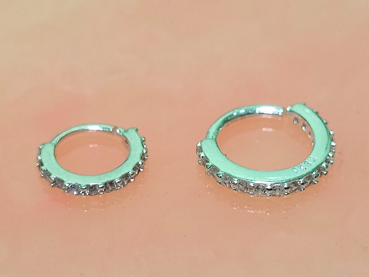 Silver Dainty Hoop Earrings, Cartilage Ring with CZ Stone Crystals Set - 20G (0.8mm) - Body Jewellery