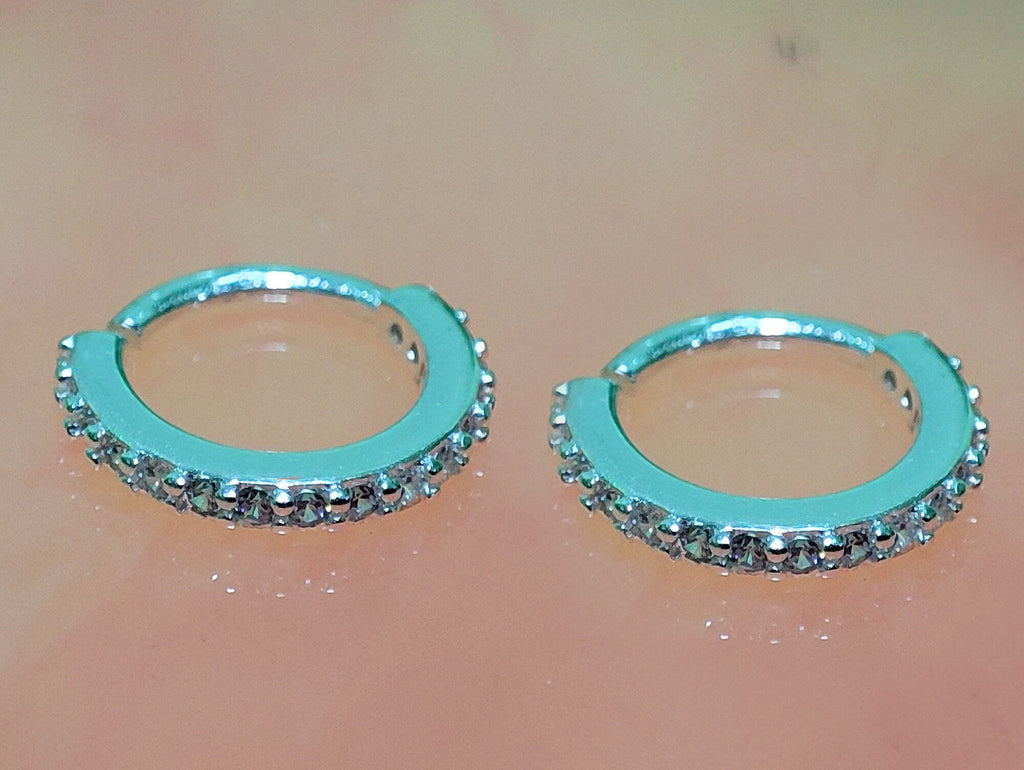 Silver Dainty Hoop Earrings, Cartilage Ring with CZ Stone Crystals Set - 20G (0.8mm) - Body Jewellery