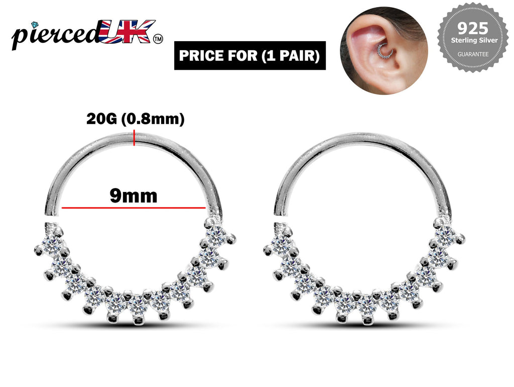 Silver Daith Piercing, Ear Rook Ring, Conch Ring with CZ Crystals Sets - 20G (0.8mm) - Ear Piercing Body Jewellery