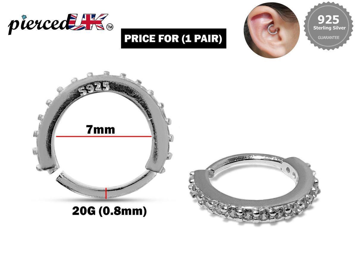 Silver Dainty Hoop Earrings, Cartilage Ring with CZ Stone Crystals Set - 20G (0.8mm) - Body Jewellery
