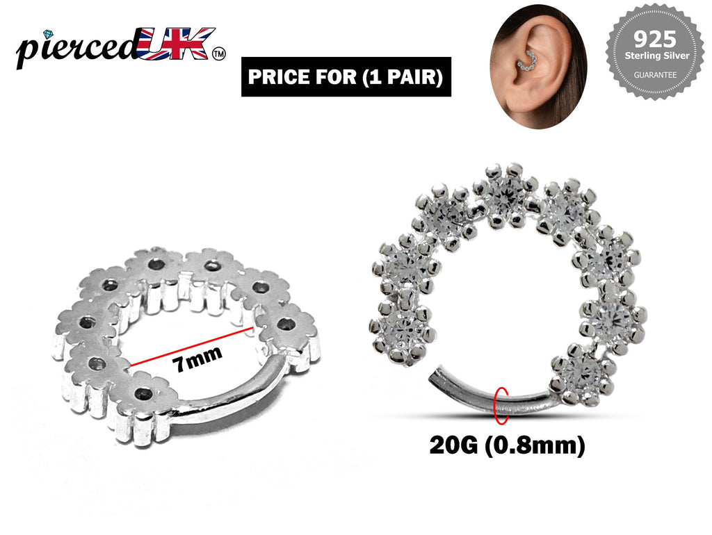 Silver Dainty Earrings, Daith Piercing, Ear Rook Ring with Flower CZ Crystals - 20G (0.8mm) - Ear Piercing Body Jewellery