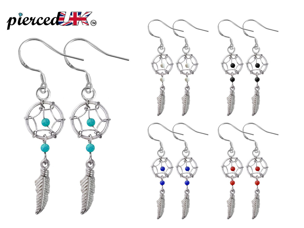 Dreamcatcher Earrings, Dangle Earrings - Silver Native American Jewelry Dreamcatcher Drop Earrings with Genuine Bead Gemstones