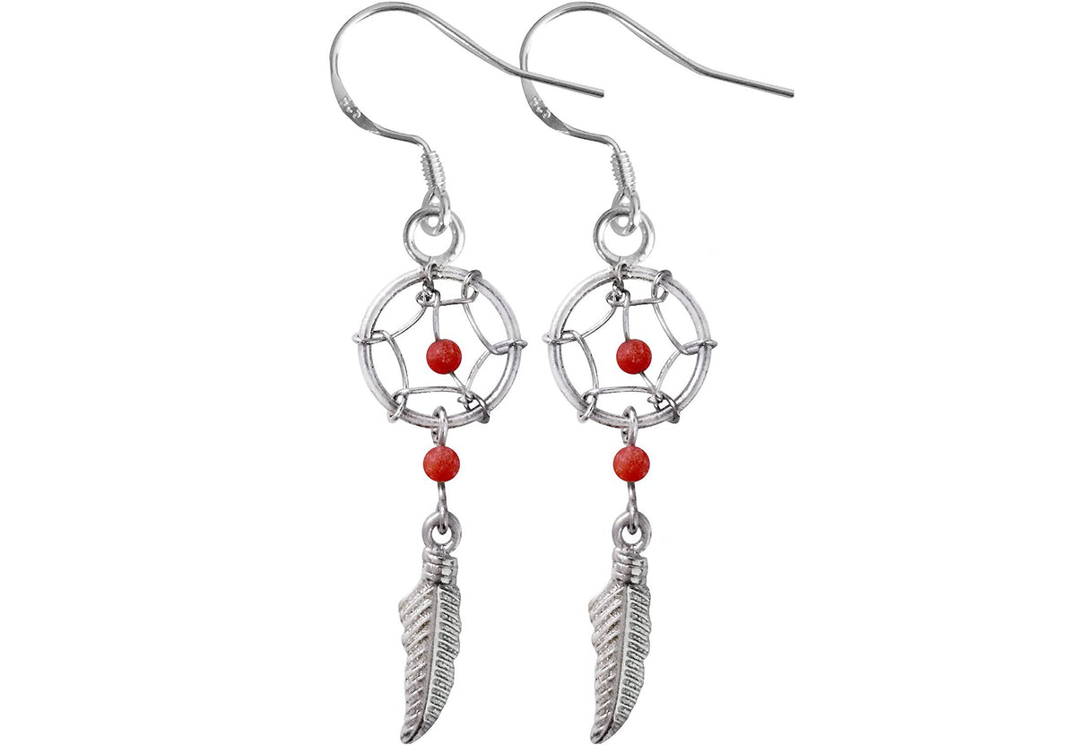 Dreamcatcher Earrings, Dangle Earrings - Silver Native American Jewelry Dreamcatcher Drop Earrings with Genuine Bead Gemstones