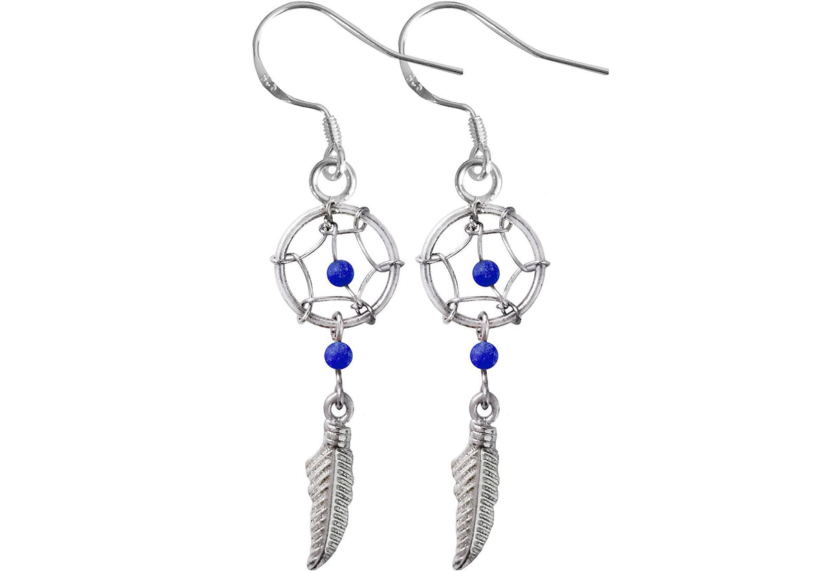 Dreamcatcher Earrings, Dangle Earrings - Silver Native American Jewelry Dreamcatcher Drop Earrings with Genuine Bead Gemstones