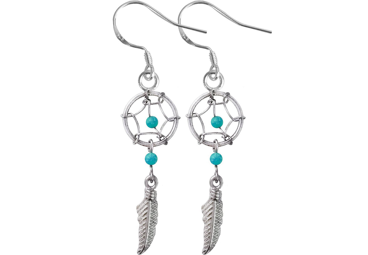 Dreamcatcher Earrings, Dangle Earrings - Silver Native American Jewelry Dreamcatcher Drop Earrings with Genuine Bead Gemstones
